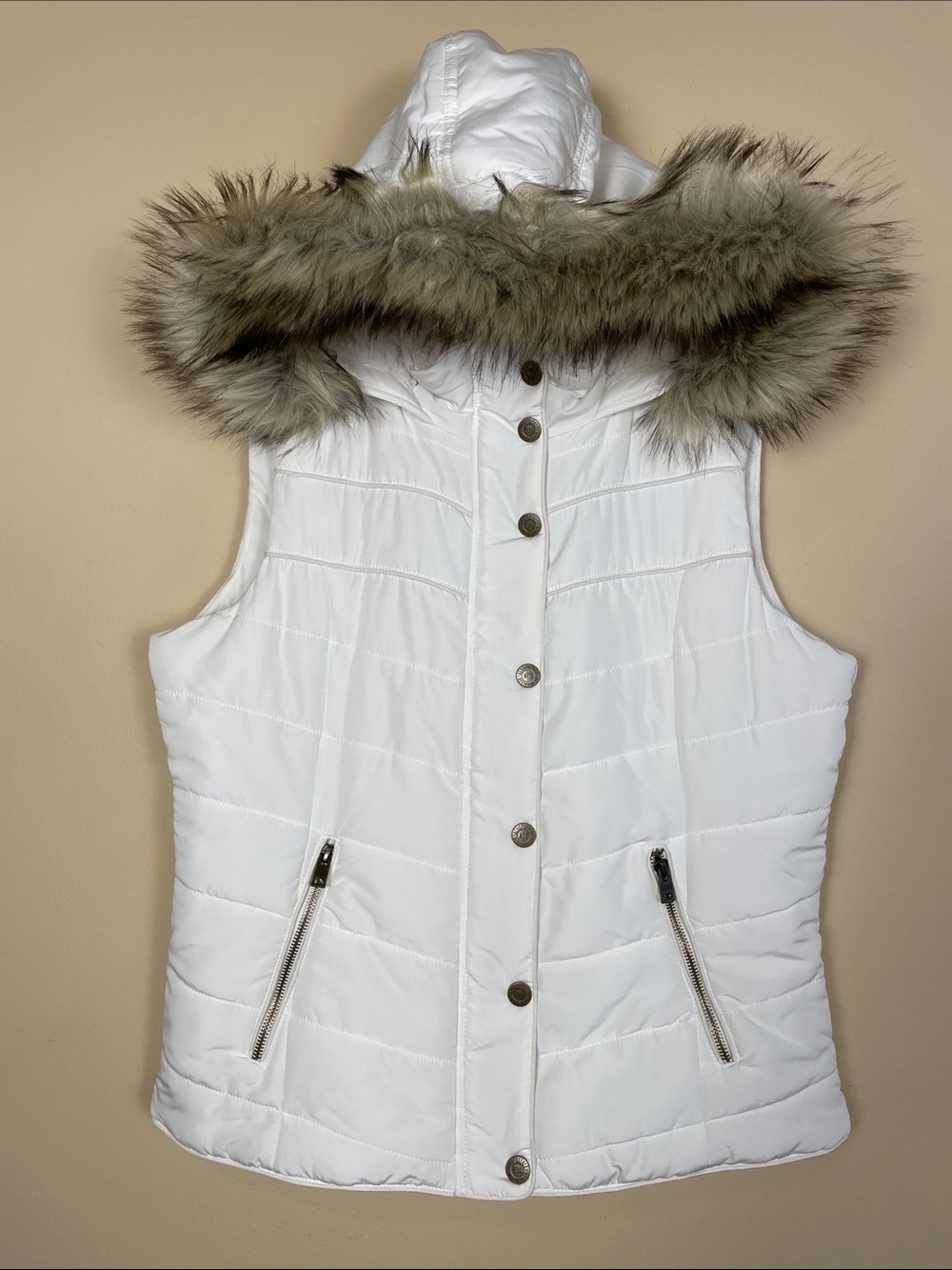 Aeropostale Women's Faux Fur Sherpa Hooded White Puffer Vest